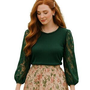 Adrianna Papell Lace Sleeve Knit Blouse Womens Size Large Green Long Sleeve Top